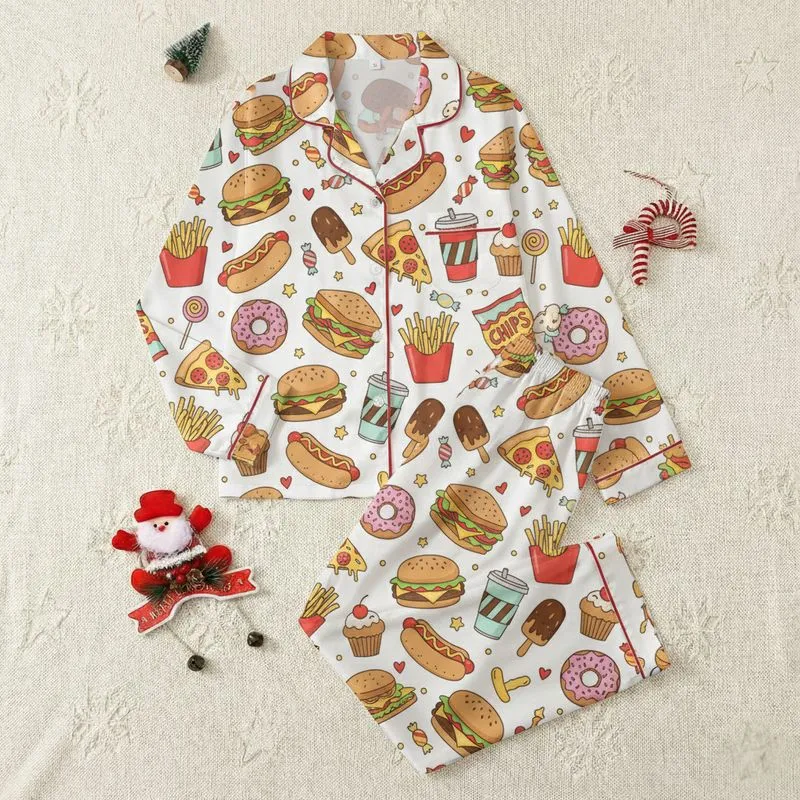 Women's Vibrant Cartoon Food Feast Pattern with Cheeseburger, Hot Dog, Pizza, Donut, and Soda Motifs on White Satin Pajamas Set - 1