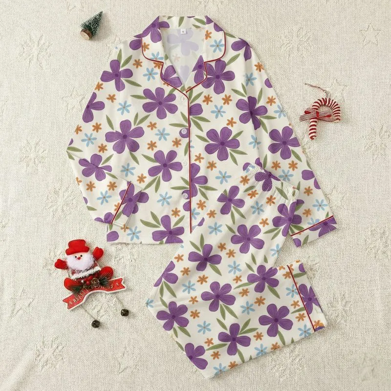 Women's Whimsical Hand-Drawn Vibrant Purple Burnt Orange Floral Art Pattern Satin Pajamas Set - 1