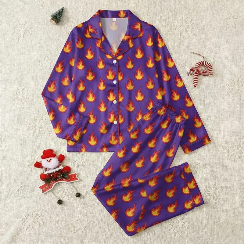 Women's Bold Illustrative Royal Purple Dynamic Flame Pattern Yellow Orange Red Satin Pajamas Set - 1