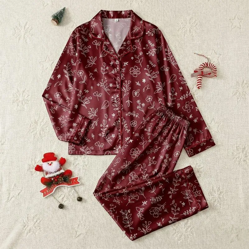 Women's Refined Burgundy Botanical Pattern with Delicate White Scattered Leaf & Blossom Art Satin Pajamas Set - 1