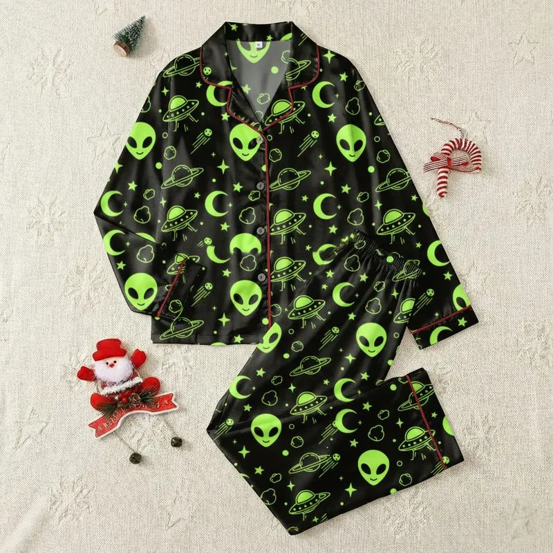 Women's Playful Black Neon Lime Green Whimsical Cosmic Alien Heads Saucers Planets Stars Pattern Satin Pajamas Set - 1