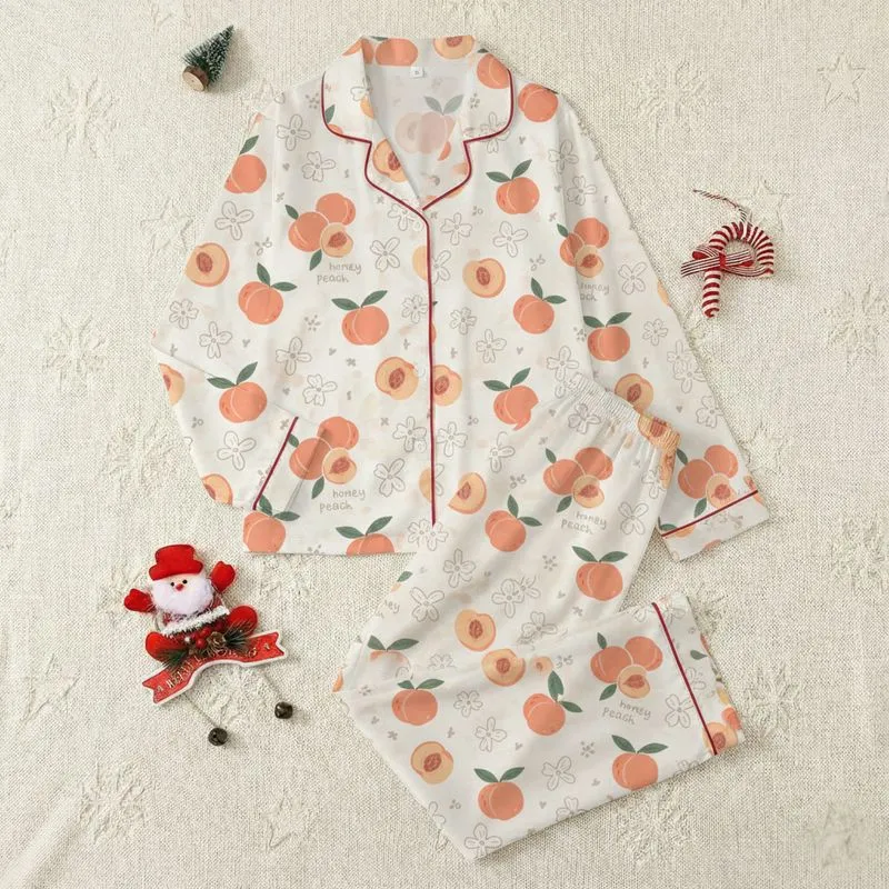 Women's Creamy White Sweet Illustrative Peachy Orange Blush Peach Green Leaf Whimsical Pattern Satin Pajamas Set - 1
