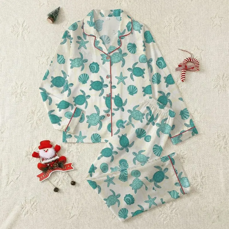Women's Graphic Hand-Drawn Teal Aqua Sea Turtle Seashell Starfish Pattern Satin Pajamas Set - 1