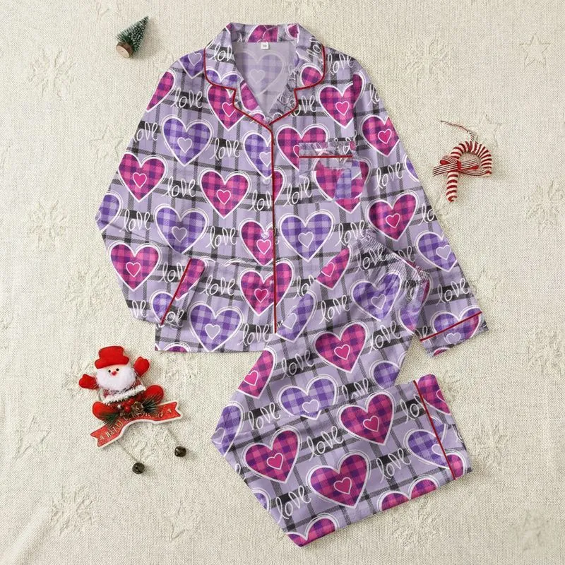 Women's Graphic Hot Pink Lavender Plaid Hearts Pattern with White 'LOVE' Script Satin Pajamas Set - 1