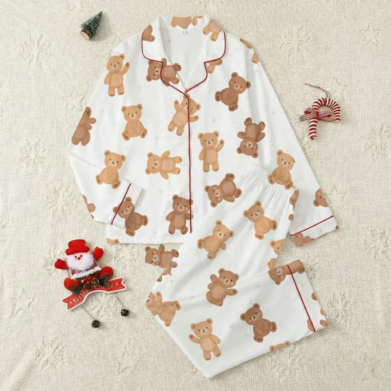 Women's Whimsical Teddy Bear Light Brown Peach Pink Star Sparkle All-Over Print Satin Pajamas Set - 1