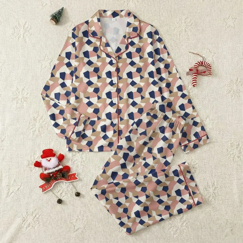 Women's Interlocking Abstract Geometric Pattern Off-White Muted Navy Blush Tan Satin Pajamas Set - 1