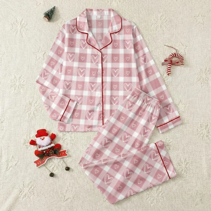 Women's Muted Rose Pink White Gingham Plaid Hand-Drawn Double Heart Pattern Satin Pajamas Set - 1