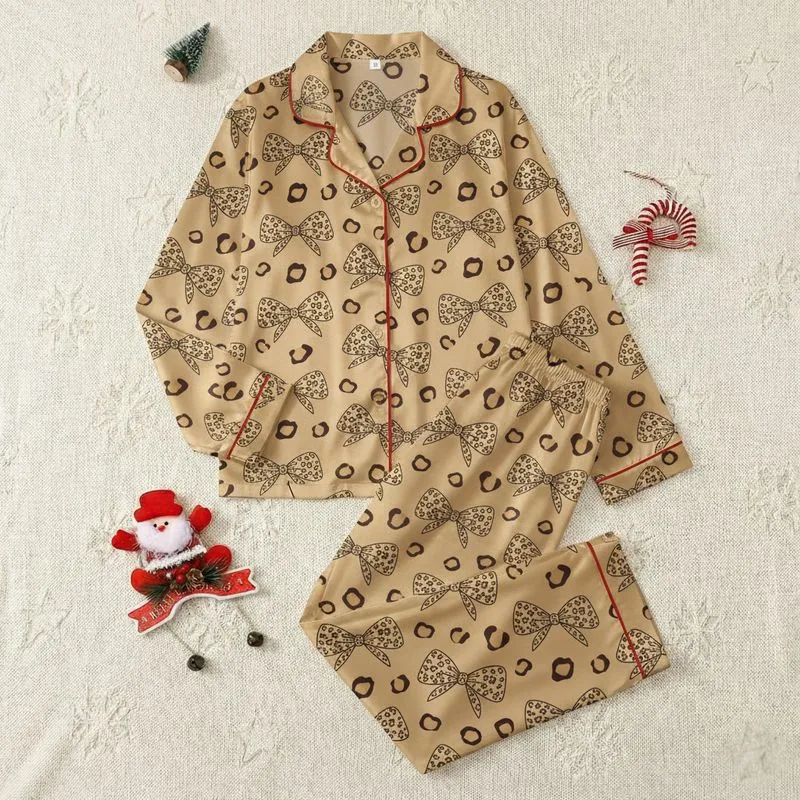 Women's Chic Light Brown Leopard Bows & Scattered Spots All-Over Pattern Satin Pajamas Set - 1