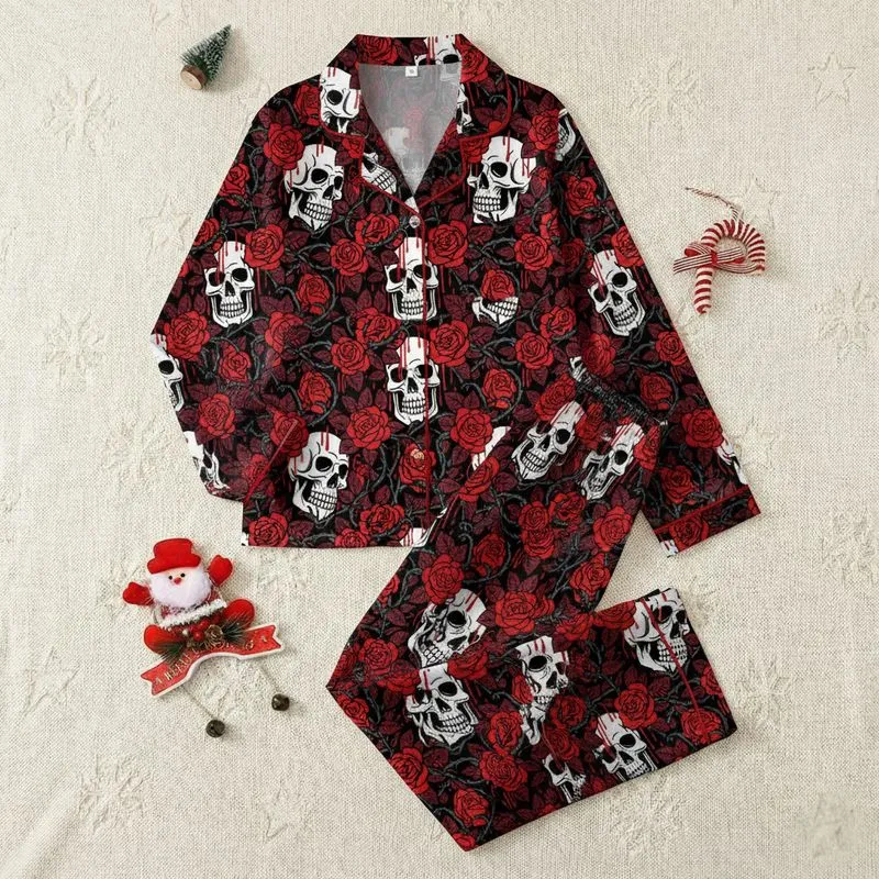 Women's High Contrast Gothic Bone-White Skull & Crimson Rose Tattoo Art Black Tapestry with Red Ink Drips Satin Pajamas Set - 1