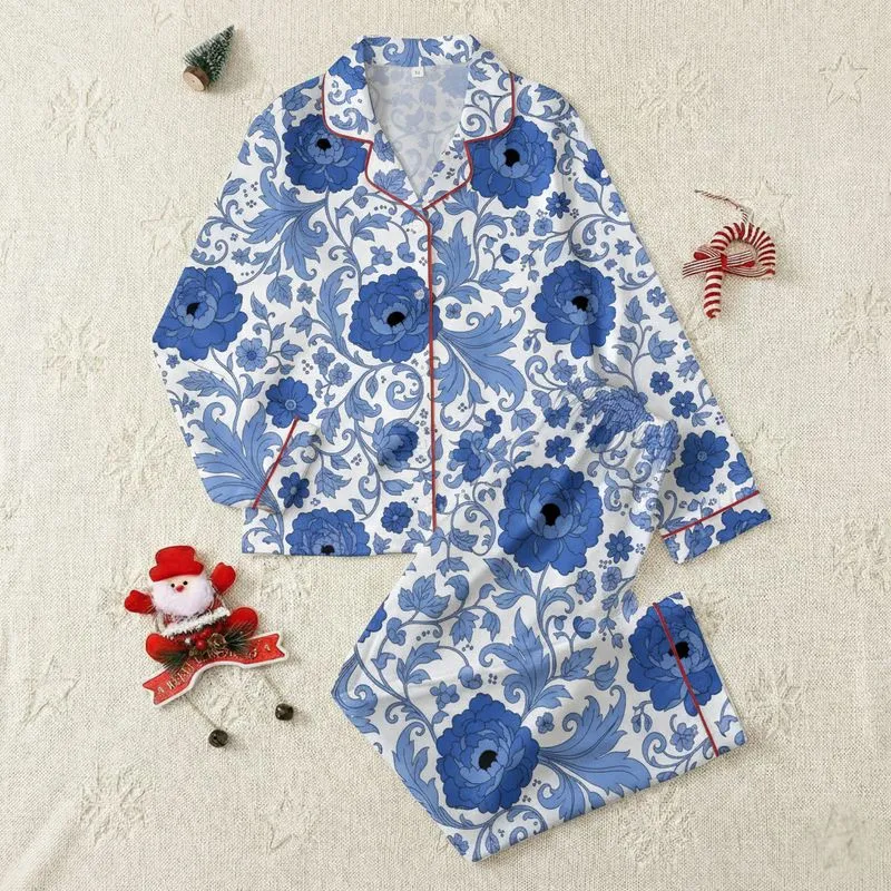 Women's Elegant Cobalt Blue & Sky Blue Peony Acanthus Illustrative Floral Vine Pattern with Crisp Black Outlines Satin Pajamas Set - 1