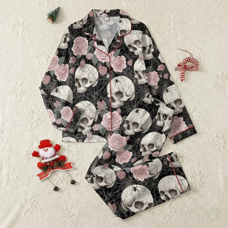 Women's Black Blush Pink Rose Skull Spiderweb Lace Intricate Gothic Floral Print Satin Pajamas Set - 1