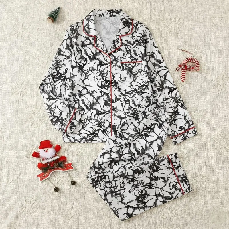 Women's Stark White Deep Black Tie Dye Organic Ink Bleed Liquid Marble Abstract Satin Pajamas Set - 1