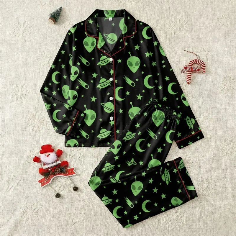 Women's Whimsical Neon Green Alien UFO Planet Star Black Space Graphic Satin Pajamas Set - 136J_5Y52H