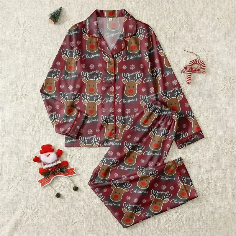 Women's Deep Red Charcoal Plaid Stylized Reindeer Red Noses White Snowflakes Christmas Script Satin Pajamas Set - 1