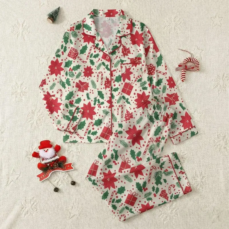 Women's Light Cream Illustrative Festive Red & Green Poinsettia Holly Candy Cane Gift Box Pattern Satin Pajamas Set - 1
