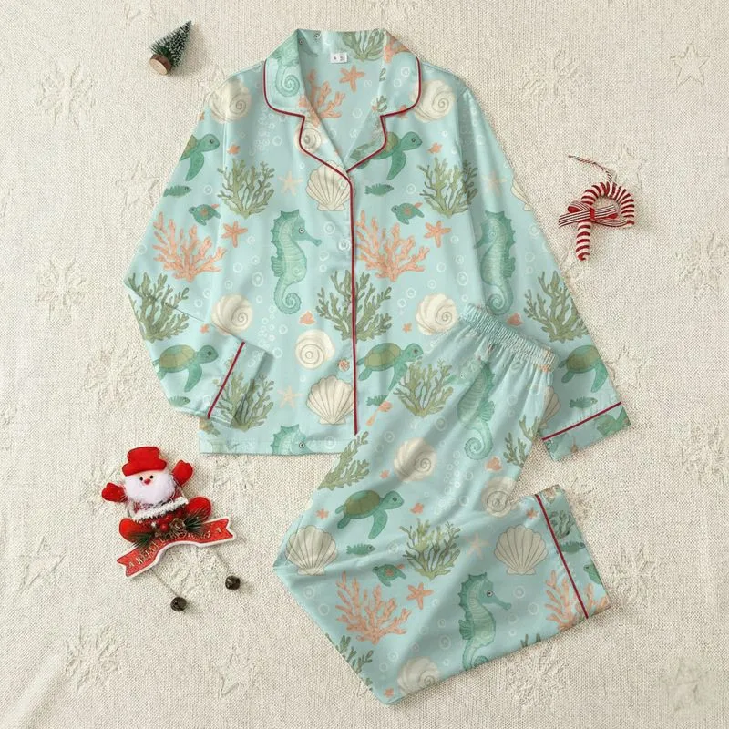 Women's Whimsical Aqua Blue Light Teal Seahorse Turtle Starfish Coral Pattern Satin Pajamas Set - 1
