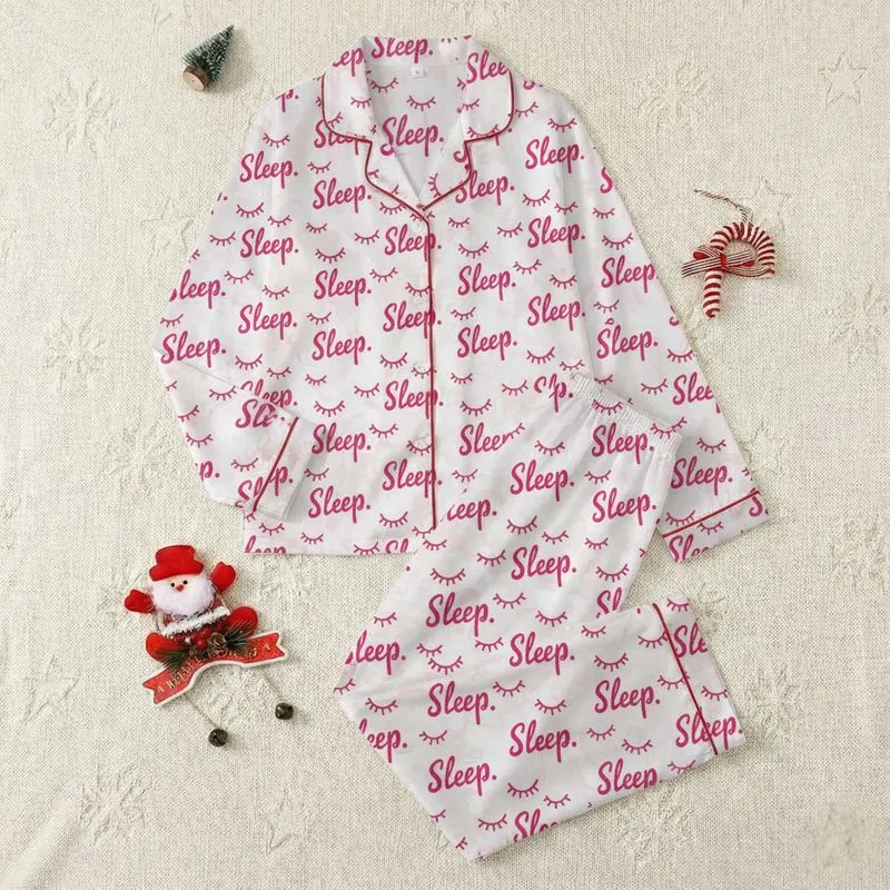 Women's Hot Pink Brush Script 'Sleep.' Word Pattern with Minimalist Eyelashes All-Over Design Satin Pajamas Set - 1