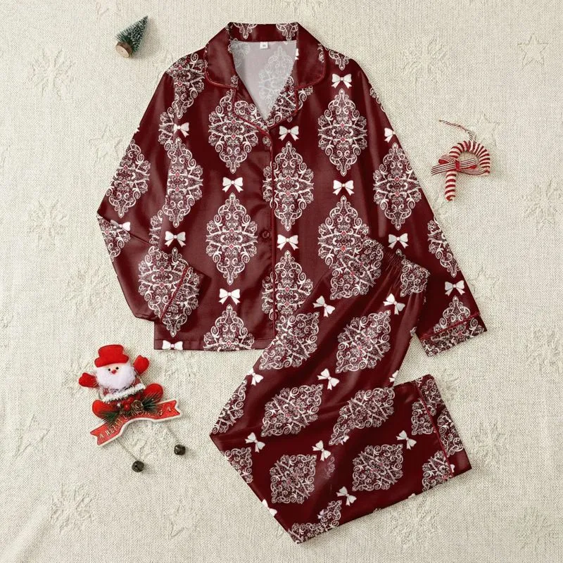 Women's Deep Maroon Pure White Floral Scroll Lace & Delicate Satin Bows Pattern Satin Pajamas Set - 1