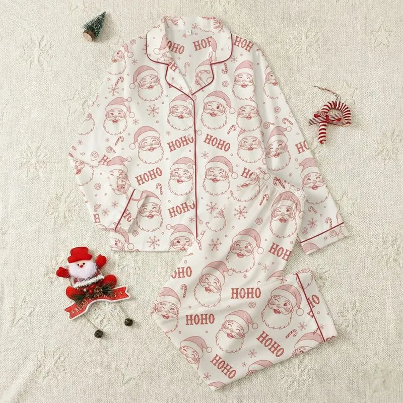 Festive Holiday Family Hand-Drawn Red Line Art Jolly Santa HOHO Snowflakes Pattern on Off-White Satin Pajamas Set - 1