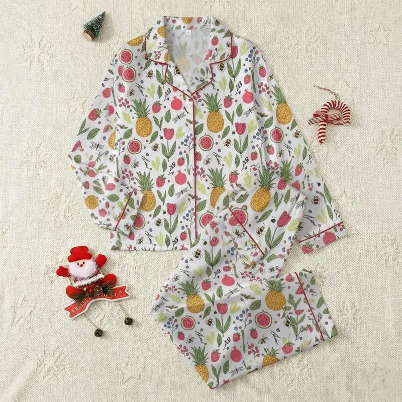 Women's Whimsical Garden Fruit & Floral Pattern with Bees, Dragonflies in Red, Gold, Green Satin Pajamas Set - 1