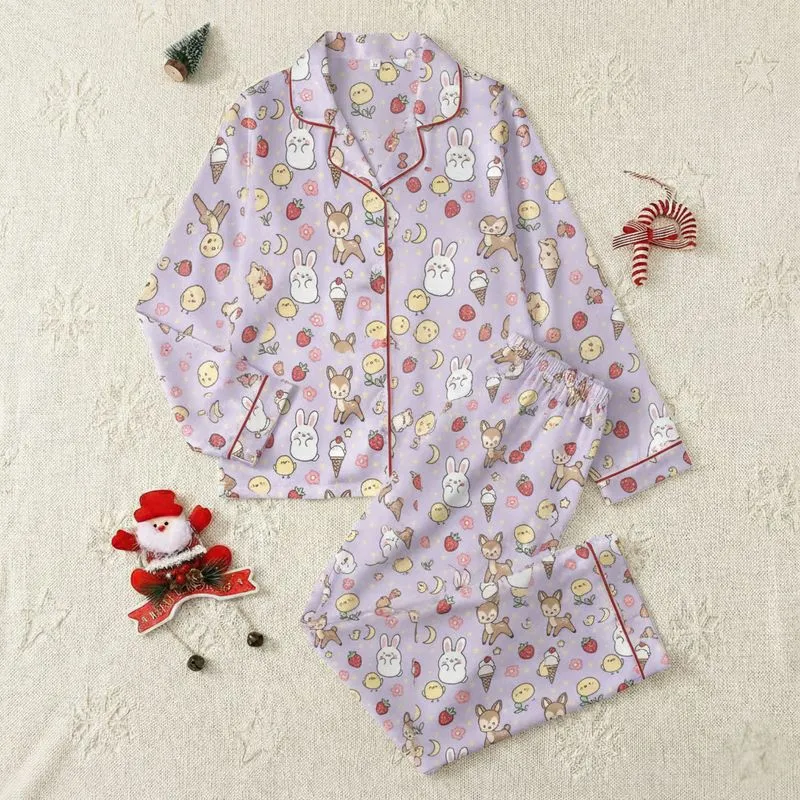 Women's Whimsical Lavender Bunny Fawn Chick Strawberry Ice Cream Star Moon Floral 2D Pattern Satin Pajamas Set - 1