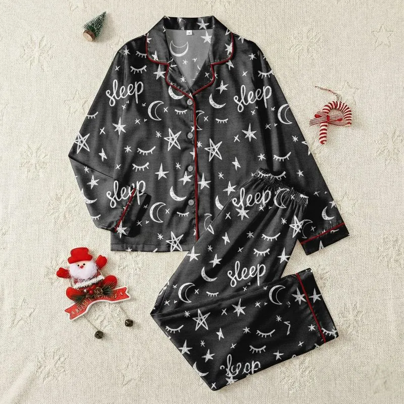Women's Whimsical Hand-Drawn White Sleep Script Eyelash Moon Star Pattern Dark Grey Satin Pajamas Set - 1