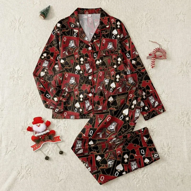 Women's Black Crimson Gold White Queen of Spades Interwoven Card Collage Pattern Satin Pajamas Set - 1