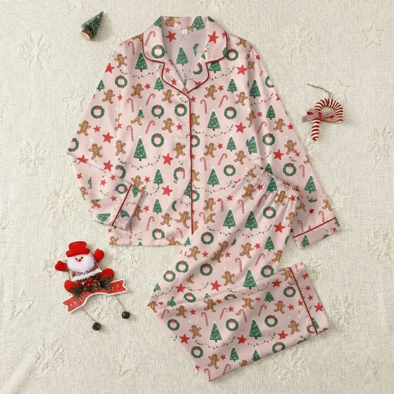 Women's Pale Pink Whimsical Gingerbread Men Emerald Green Christmas Tree Candy Cane Pattern Satin Pajamas Set - 1