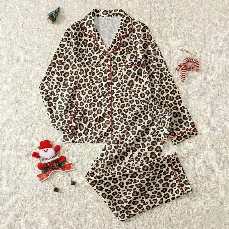 Women's Sophisticated Creamy Tan Earthy Brown Jet Black Flowing Leopard Rosette Motif Satin Pajamas Set - 1