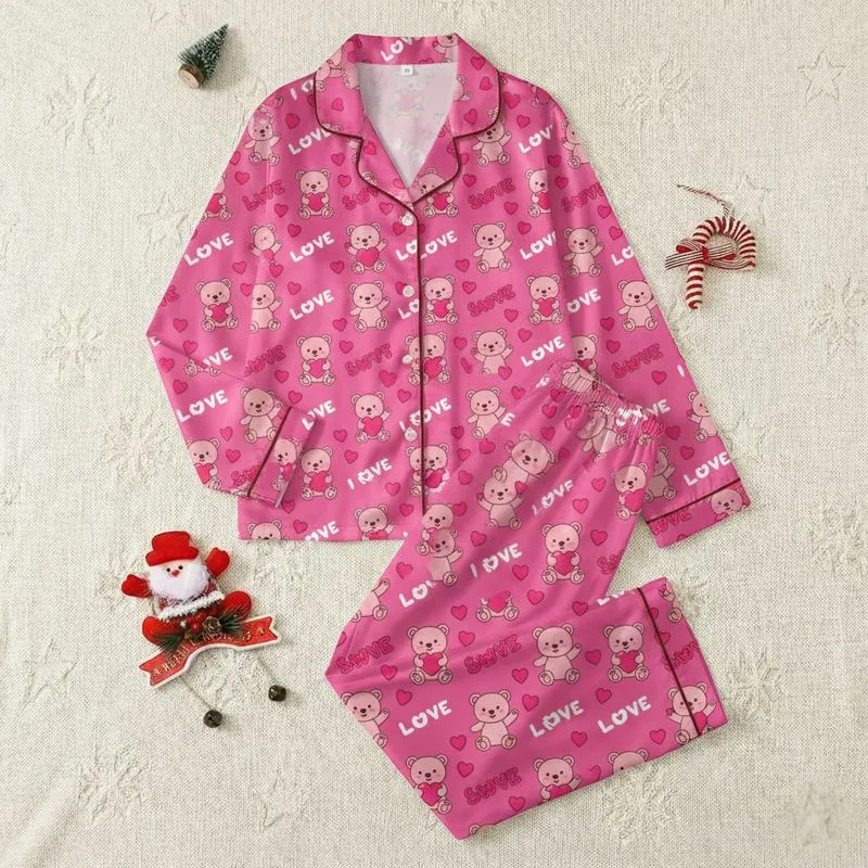 Women's Rich Bright Pink Cute Cartoon Teddy Bear Pattern with Light Pink Bears, Vibrant Hearts, 'LOVE SWEET' Text Satin Pajamas Set - 1