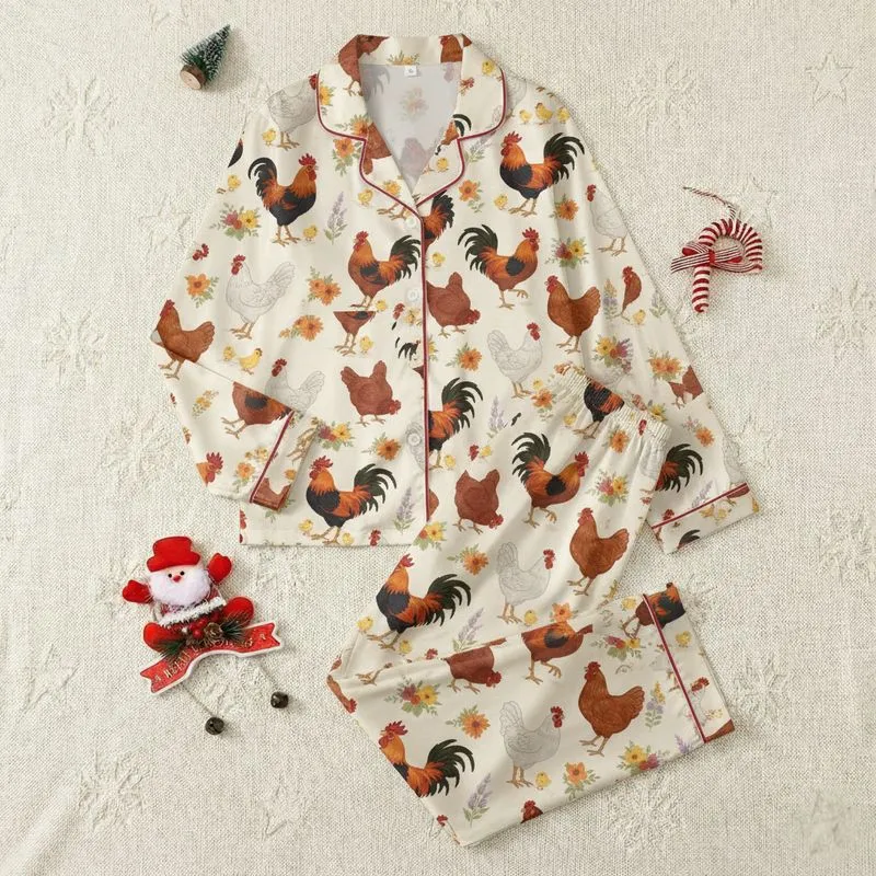 Women's Whimsical Farm Life Fowl & Vibrant Floral Creamy Off-White Print Satin Pajamas Set - 1