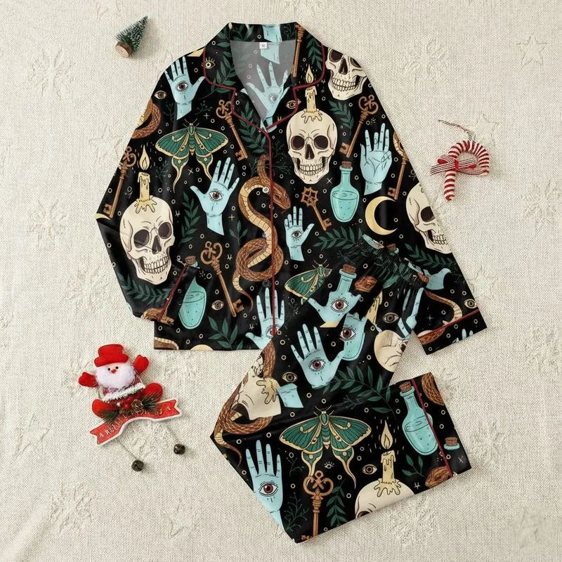 Women's Deep Black Intricate Vintage Gothic Skull Viper Luna Moth Key Aqua Gold & Cream Pattern Satin Pajamas Set - 1