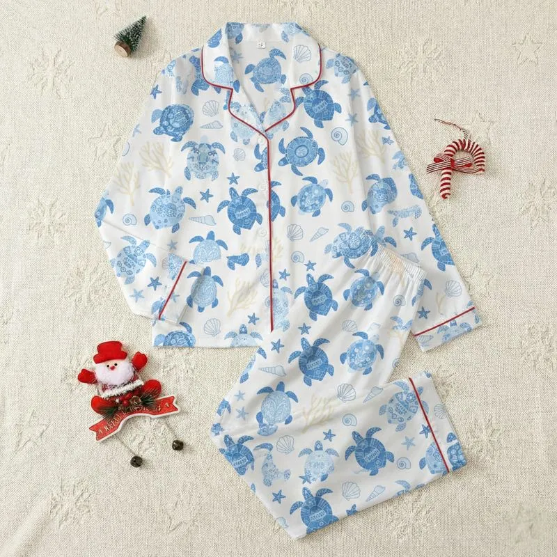 Women's Illustrative Hand-Drawn Sea Turtle Shell Starfish Coral Pattern - Sky Blue, Azure, Cream & White Oceanic Satin Pajamas Set - 1