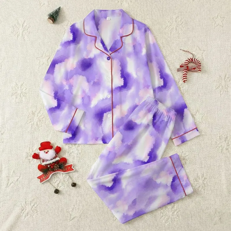 Women's Dreamy Lavender Violet White Blush Pink Abstract Fluid Watercolor Pattern Satin Pajamas Set - 1