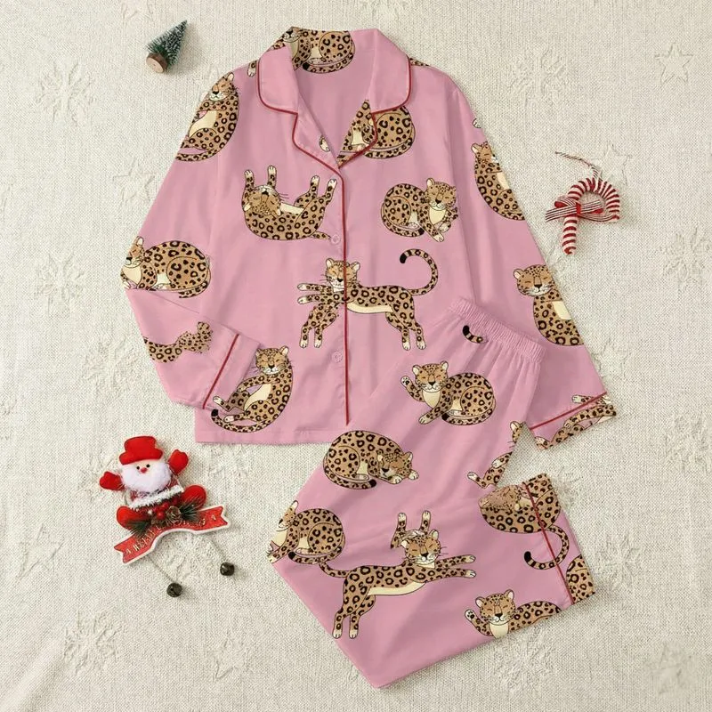 Women's Whimsical Bubblegum Pink Leopard Print with Playful Tawny & Black Rosette Pattern Satin Pajamas Set - 1