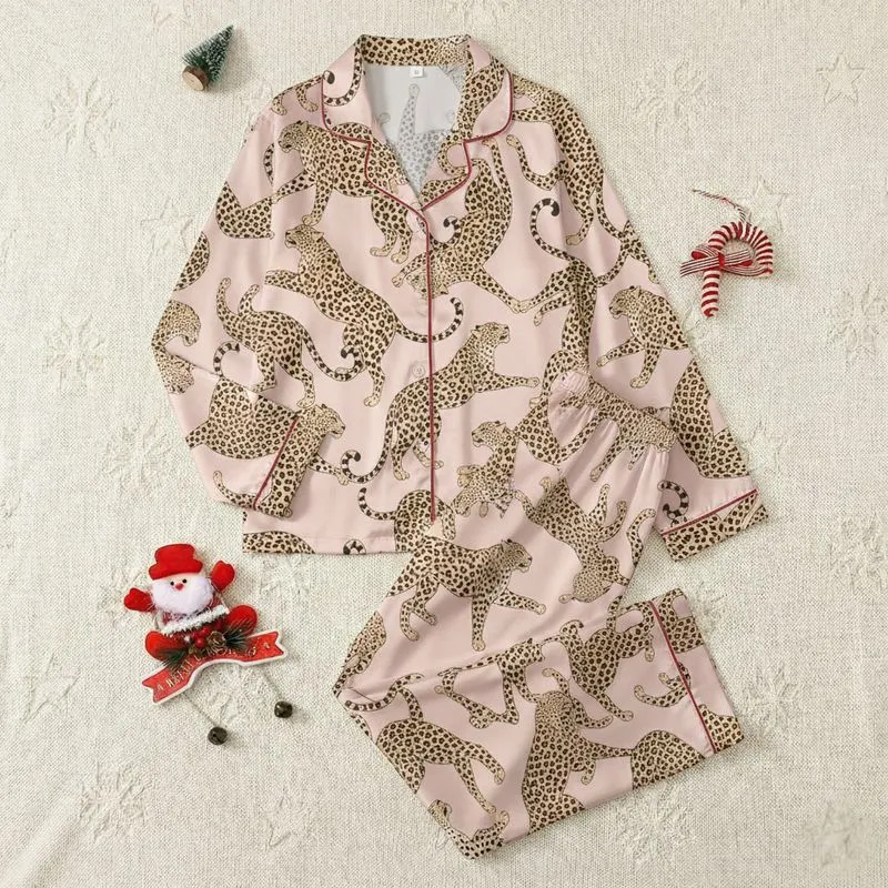 Women's Blush Pink Tan Brown-Black Illustrative Dynamic Leopard Flowing Pattern Satin Pajamas Set - 1