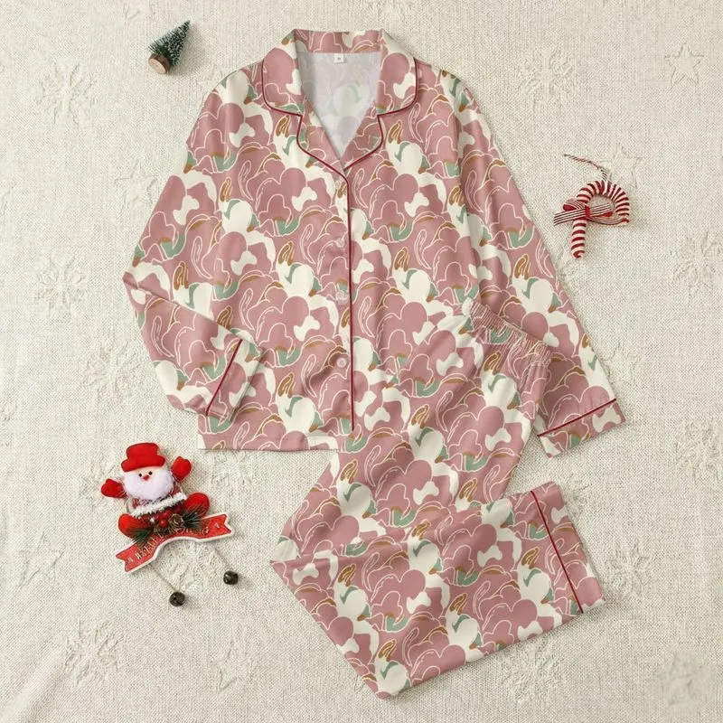 Women's Muted Dusty Rose Pink Organic Cloud Abstract Illustrative Seamless Pattern Satin Pajamas Set - 1