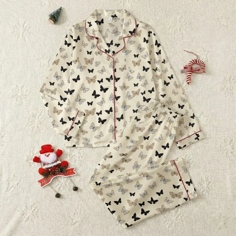 Women's Cream Background Multi-Tone Stylized Black Beige Tan Blue Butterfly Motif Satin Pajamas Set - 1