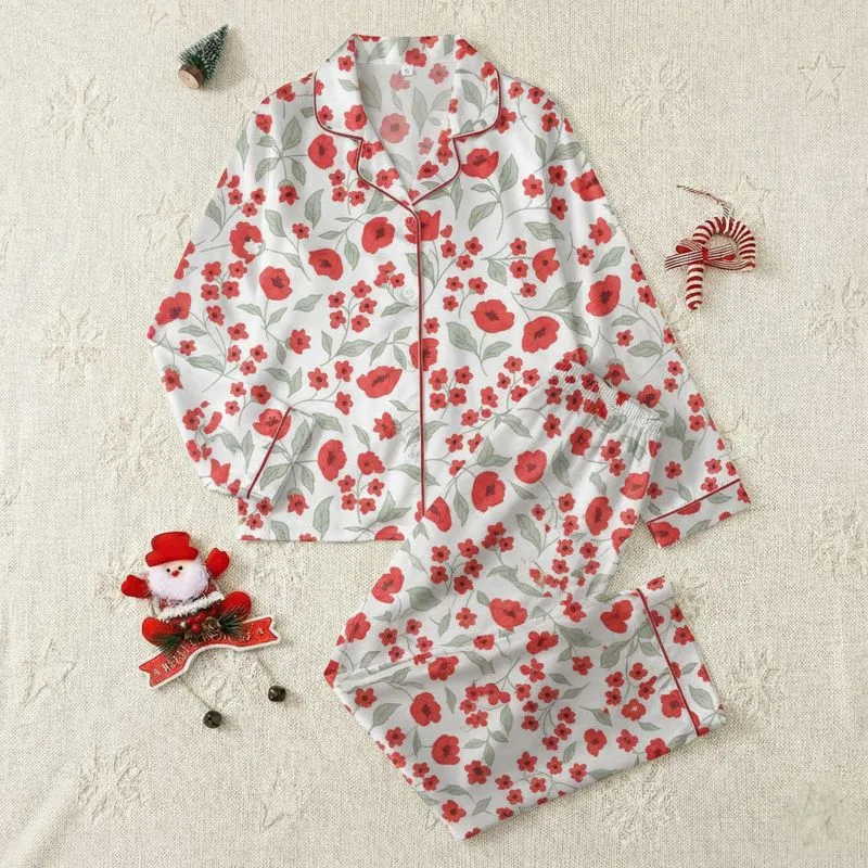Women's Vibrant Poppy Red Bell-Shaped Flowers & Delicate Blossoms Botanical Print on Pure White Satin Pajamas Set - 1