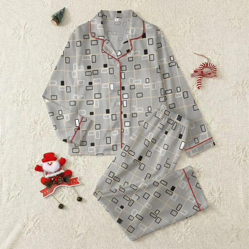 Women's Abstract Geometric Interlocking Shapes Light Grey White Black Warm Beige Flat Graphic Satin Pajamas Set - 1