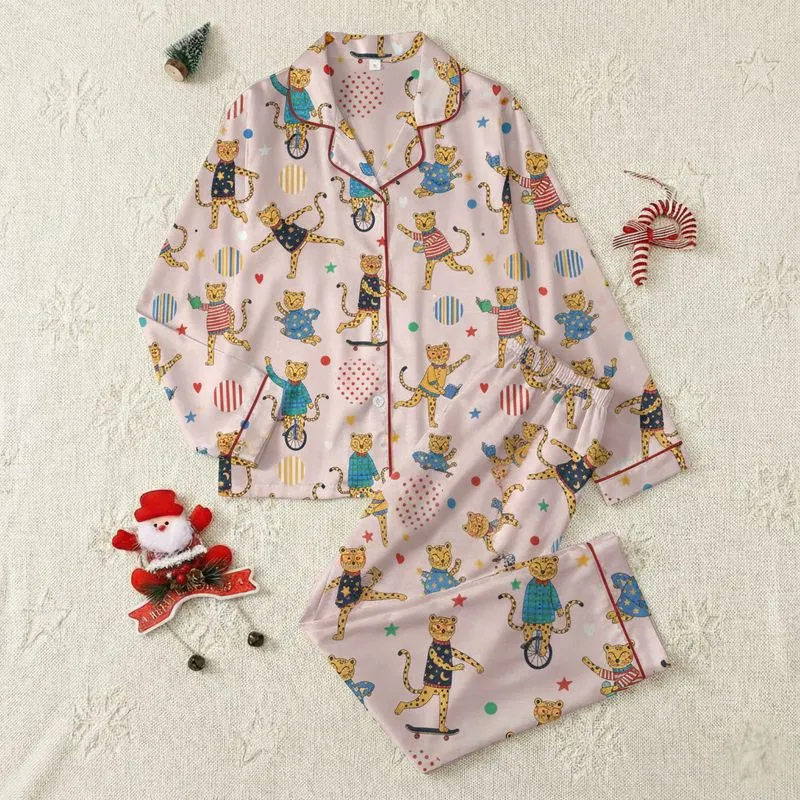 Women's Whimsical Leopard Blush Pink Yellow-Orange Flat Graphic Art with Brightly Clad Leopards, Star Vests & Plaid Shirts Satin Pajamas Set - 1