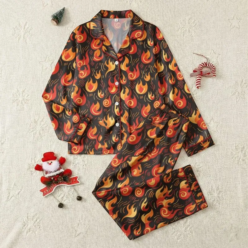 Women's Dynamic Flame Motifs Vibrant Orange Red Yellow Flat Graphic Fire Art Deep Charcoal Black Satin Pajamas Set - 1