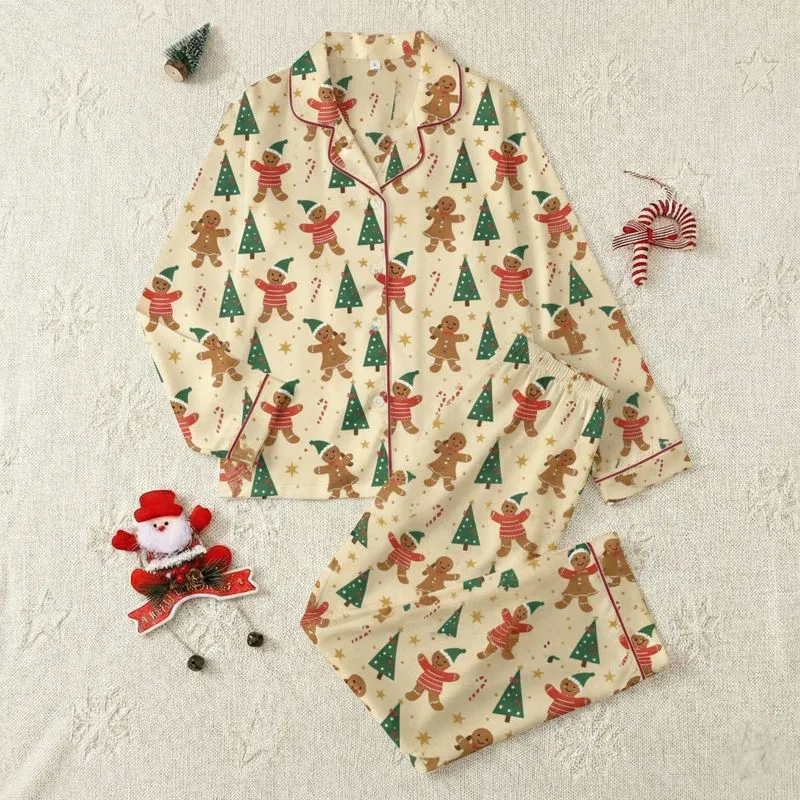 Holiday Enthusiasts' Whimsical Hand-Drawn Gingerbread, Forest Green Christmas Tree, Golden Star & Candy Cane Pattern on Creamy Champagne Satin Pajamas Set - 1
