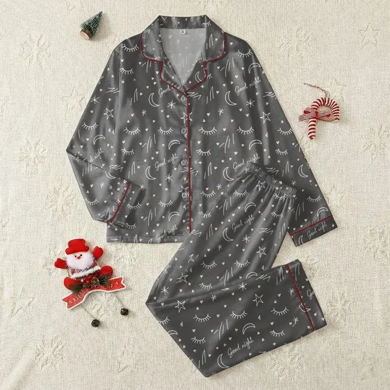 Women's Charcoal Grey White Eyelash Moon Star Script "Good Night" Pink Heart Pattern Satin Pajamas Set - 1