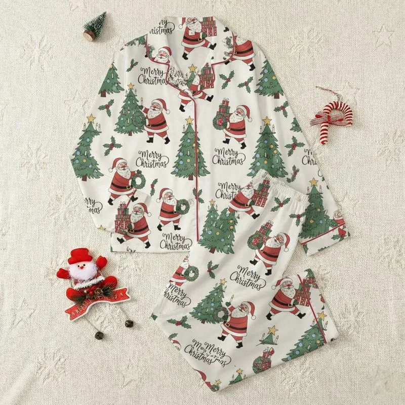 Women's Vintage Hand-Drawn Christmas Santa, Tree, Holly, Gifts Repeat Pattern Red Green Gold Blue Satin Pajamas Set - 1