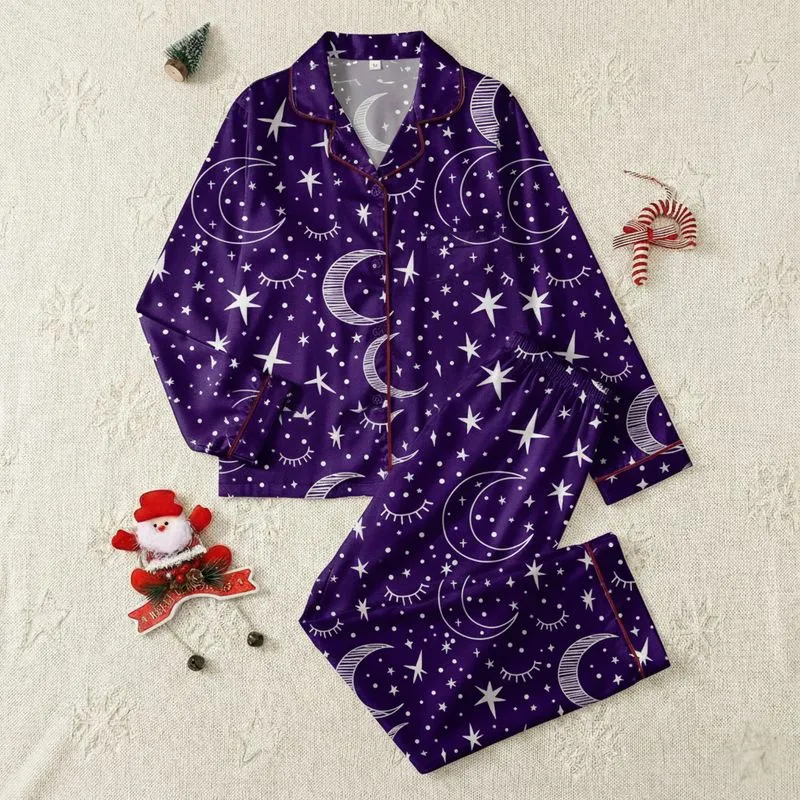 Women's Deep Royal Purple Whimsical Hand-Drawn Moon, Stars & Eyelash Celestial Pattern Satin Pajamas Set - 1