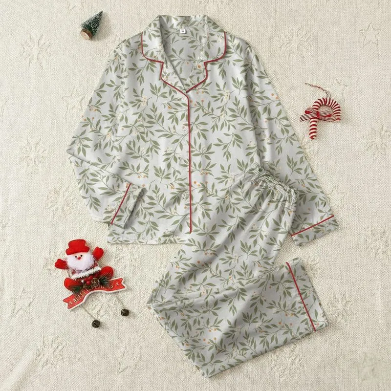 Women's Elegant Botanical Sage Olive Leaves Cream Flowers Ochre Berries Silver Gray Satin Pajamas Set - 1
