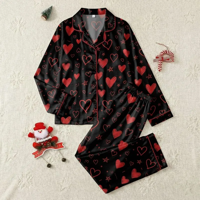 Women's Playful Deep Black Crimson Red Hand-Drawn Scattered Hearts & Star Doodles Satin Pajamas Set - 1