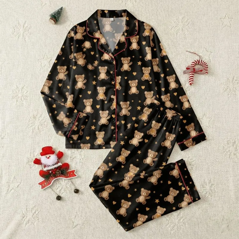 Women's Whimsical Flat Graphic Light Brown Tan Teddy Bear Playful Poses Hearts & Stars Pattern on Black Satin Pajamas Set - 1