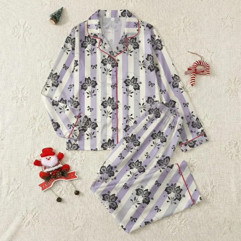 Women's Muted Lavender Light Grey Cream Vertical Stripe Black Lace Floral Bow Graphic Satin Pajamas Set - 1